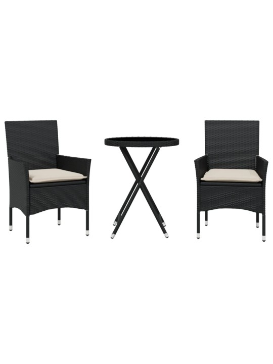 3dílný bistro set s poduškami černý polyratan a sklo