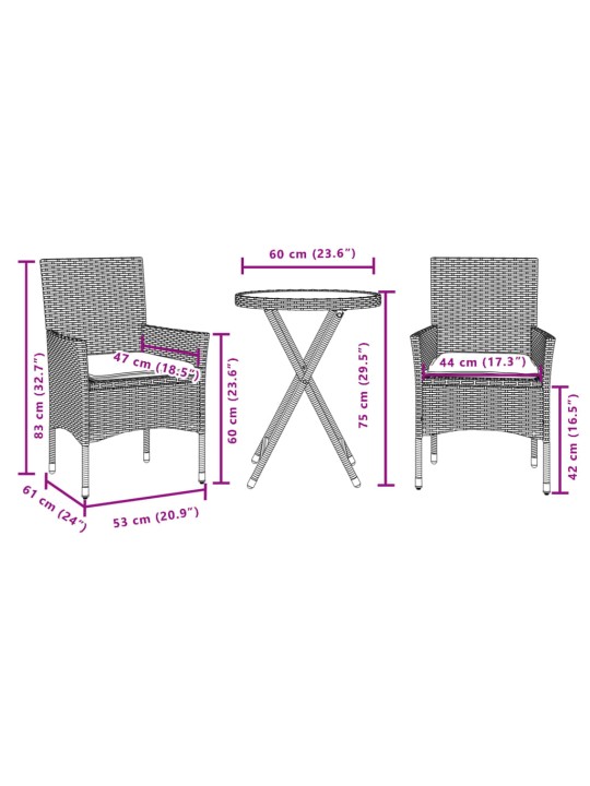 3dílný bistro set s poduškami černý polyratan a sklo