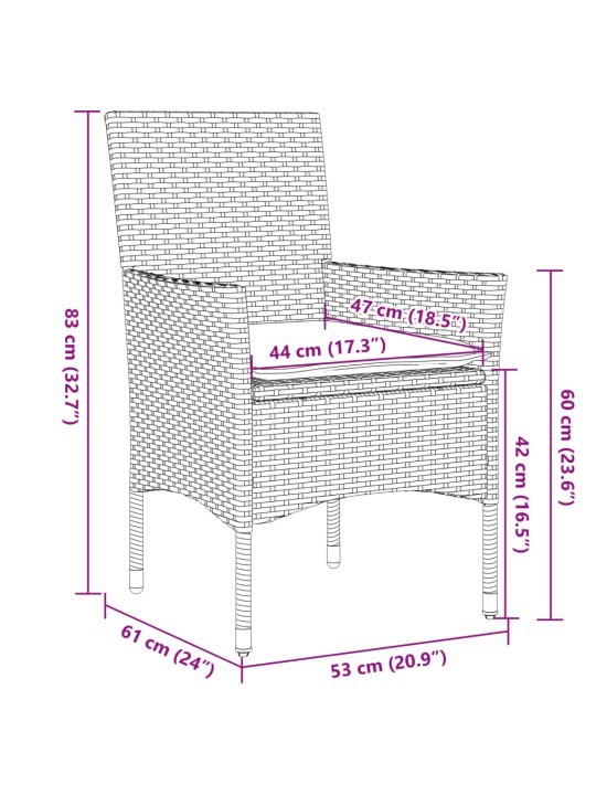3dílný bistro set s poduškami černý polyratan a sklo