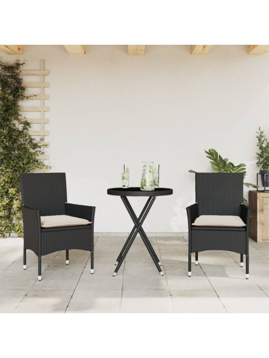 3dílný bistro set s poduškami černý polyratan a sklo