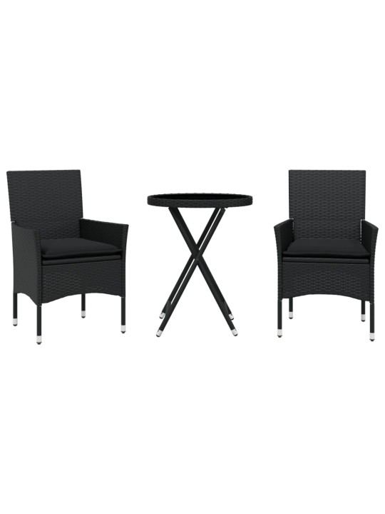 3dílný bistro set s poduškami černý polyratan a sklo