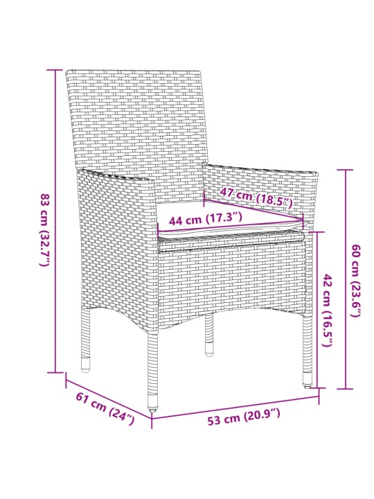 3dílný bistro set s poduškami černý polyratan a sklo