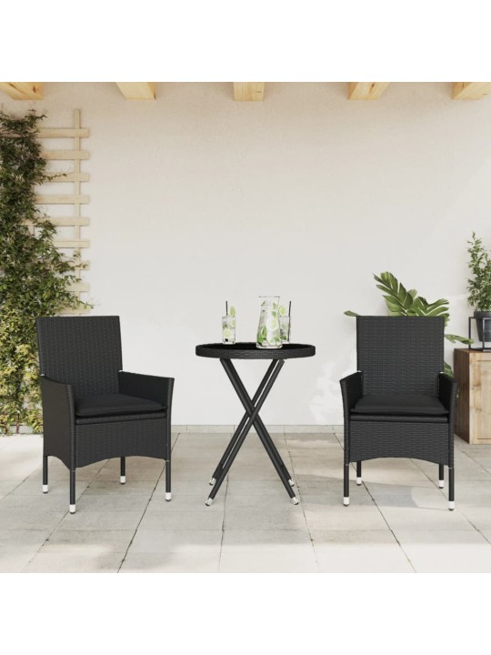 3dílný bistro set s poduškami černý polyratan a sklo