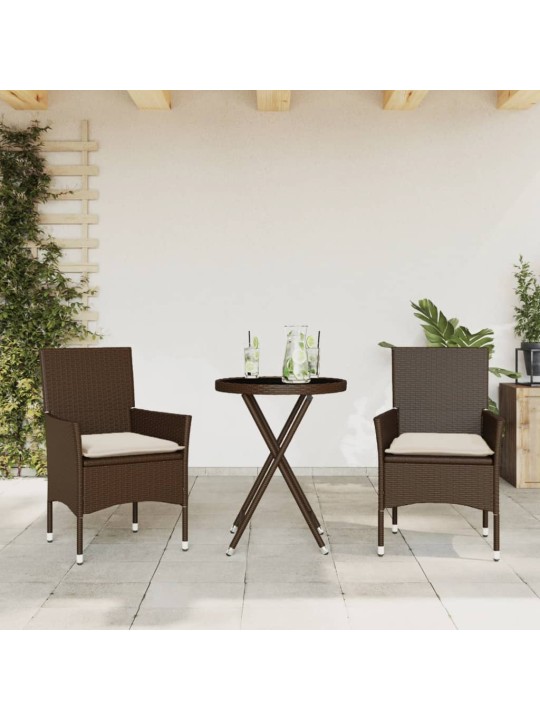 3dílný bistro set s poduškami hnědý polyratan a sklo