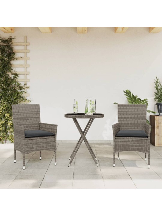 3dílný bistro set s poduškami šedý polyratan a sklo