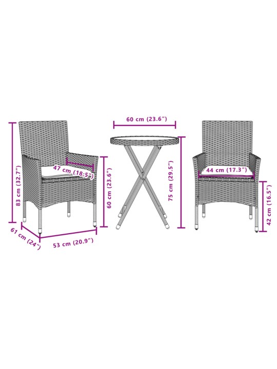3dílný bistro set s poduškami béžový polyratan a sklo