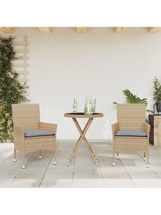 3dílný bistro set s poduškami béžový polyratan a sklo