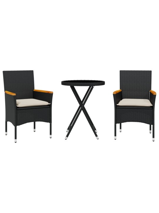 3dílný bistro set s poduškami černý polyratan a sklo