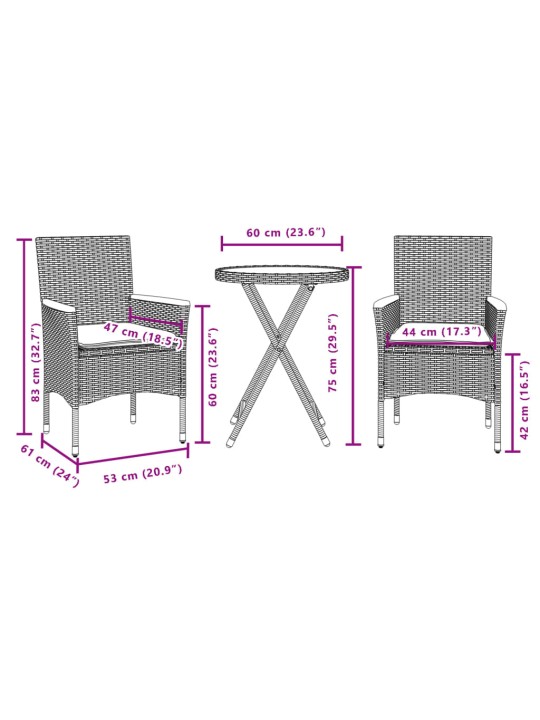 3dílný bistro set s poduškami černý polyratan a sklo