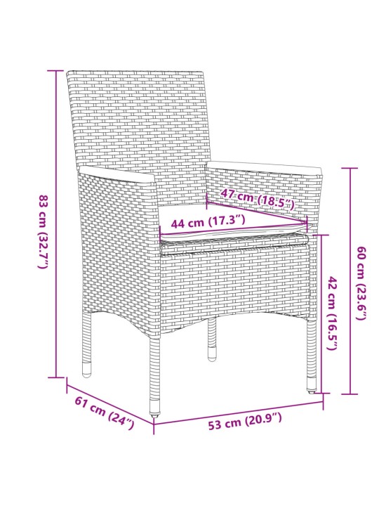 3dílný bistro set s poduškami šedý polyratan a akácie