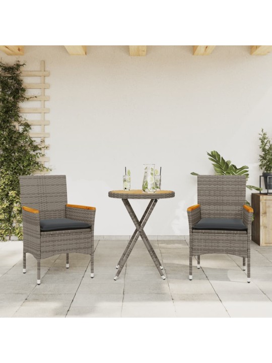 3dílný bistro set s poduškami šedý polyratan a akácie