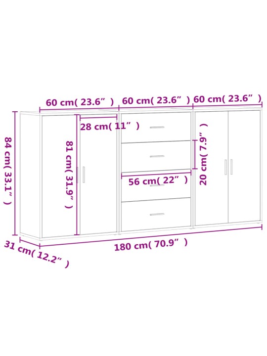 Příborníky 3 ks dub sonoma 60 x 31 x 84 cm kompozitní dřevo