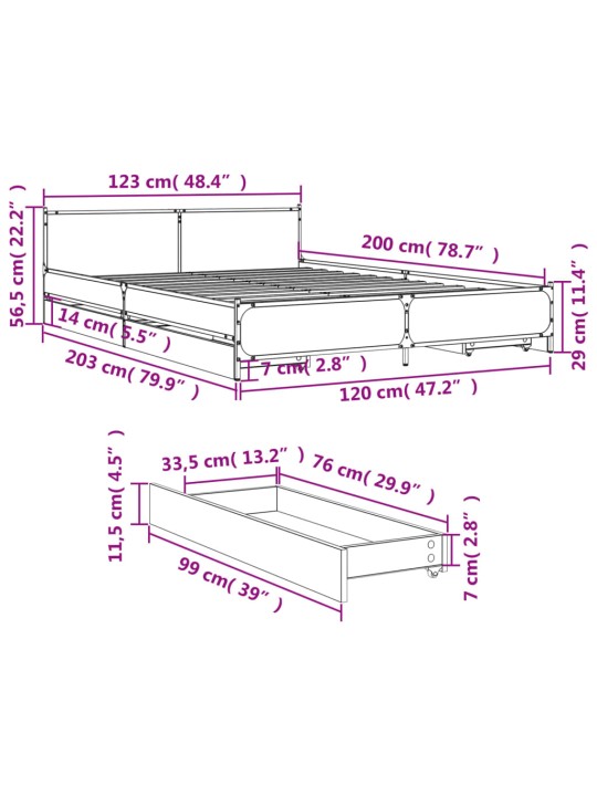 Rám postele se zásuvkami kouřový dub 120 x 200 cm kompozit