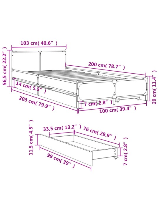 Rám postele se zásuvkami hnědý dub 100x200 cm kompozitní dřevo