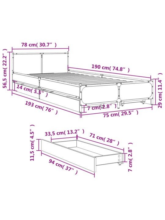 Rám postele se zásuvkami dub sonoma 75x190 cm kompozitní dřevo