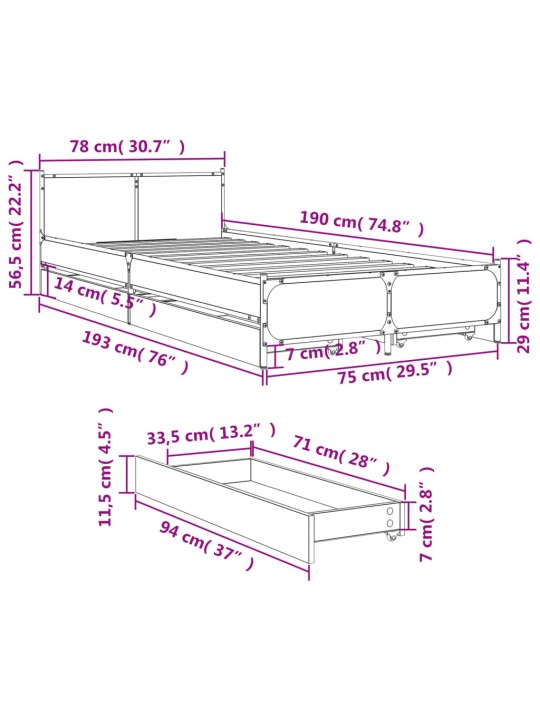 Rám postele se zásuvkami kouřový dub 75x190 cm kompozitní dřevo