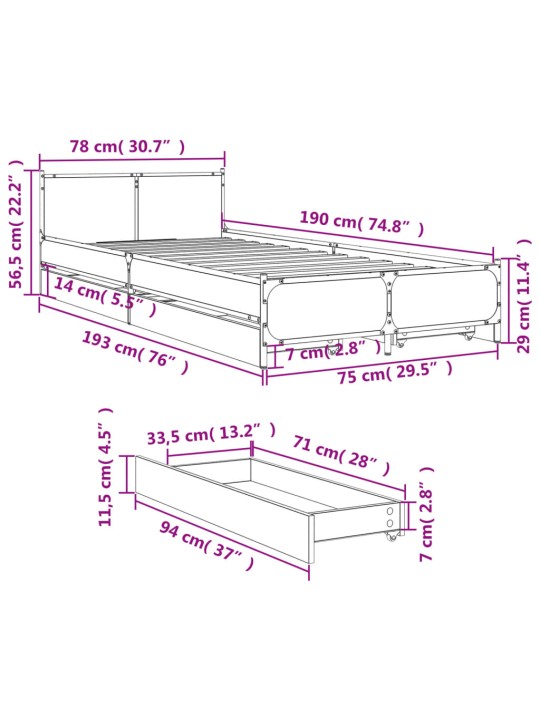 Rám postele se zásuvkami šedý sonoma 75x190 cm kompozitní dřevo