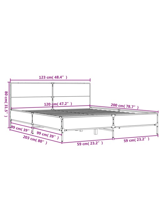 Rám postele hnědý dub 120 x 200 cm kompozitní dřevo a kov