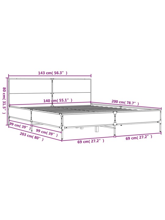 Rám postele kouřový dub 140 x 200 cm kompozitní dřevo a kov
