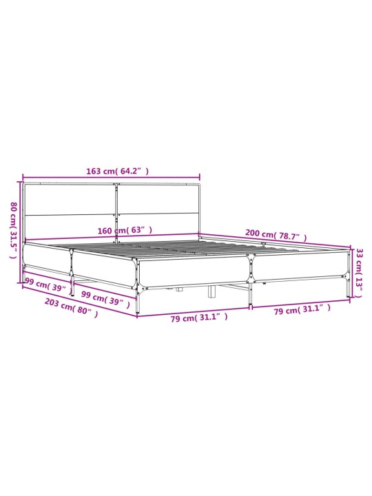 Rám postele kouřový dub 160 x 200 cm kompozitní dřevo a kov