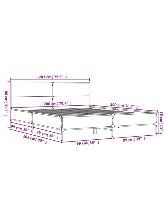 Rám postele šedý sonoma 200 x 200 cm kompozitní dřevo a kov