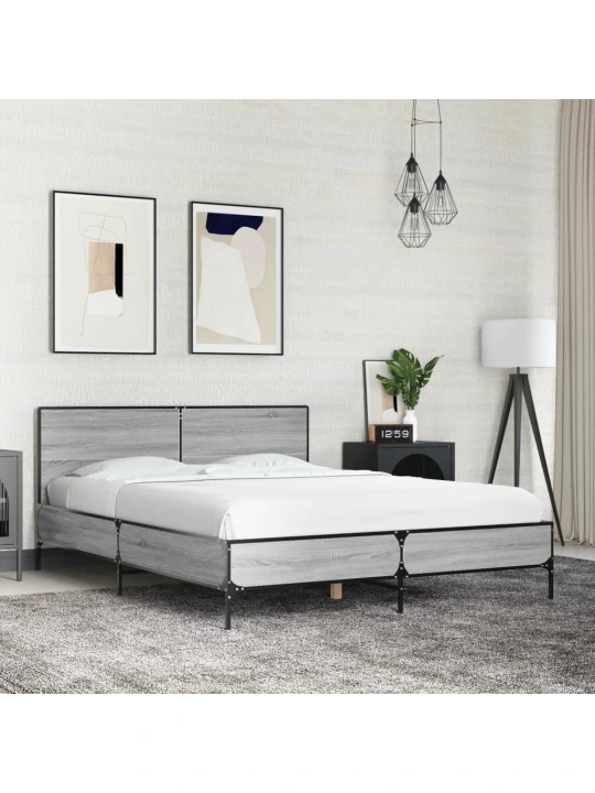Rám postele šedý sonoma 135 x 190 cm kompozitní dřevo a kov