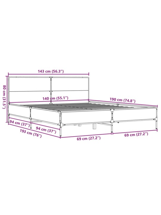 Rám postele šedý sonoma 140 x 190 cm kompozitní dřevo a kov