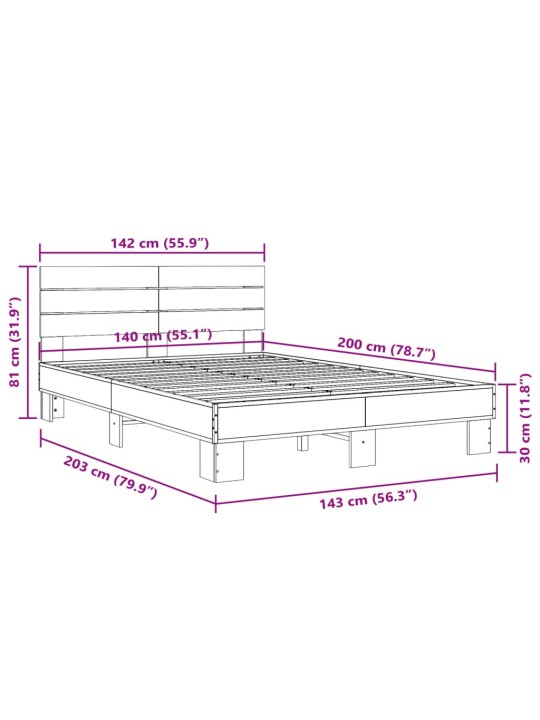 Rám postele kouřový dub 140 x 200 cm kompozitní dřevo a kov