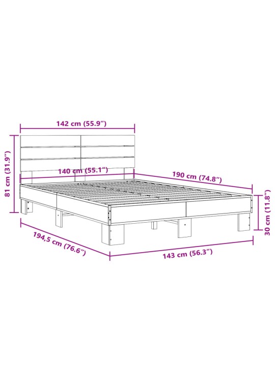 Rám postele šedý sonoma 140 x 190 cm kompozitní dřevo a kov
