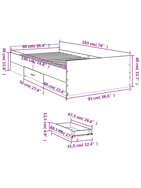Rám postele se zásuvkami šedý sonoma 90x190 cm kompozitní dřevo