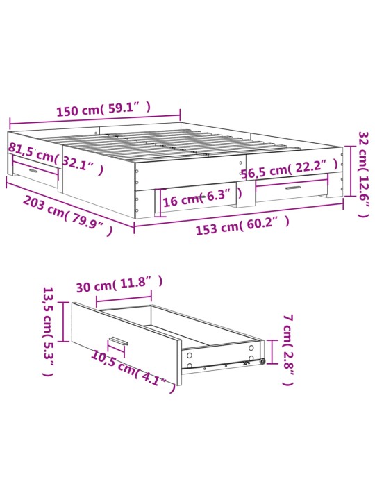 Rám postele se zásuvkami kouřový dub 150 x 200 cm kompozit