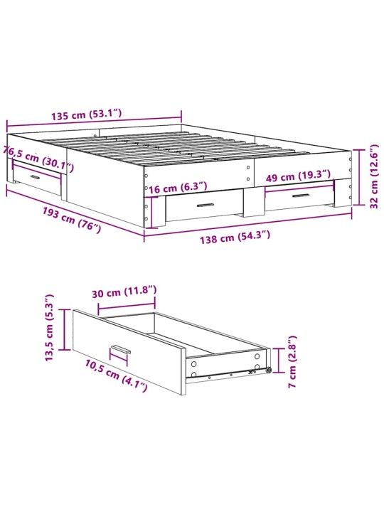 Rám postele se zásuvkami betonově šedý 135 x 190 cm kompozit