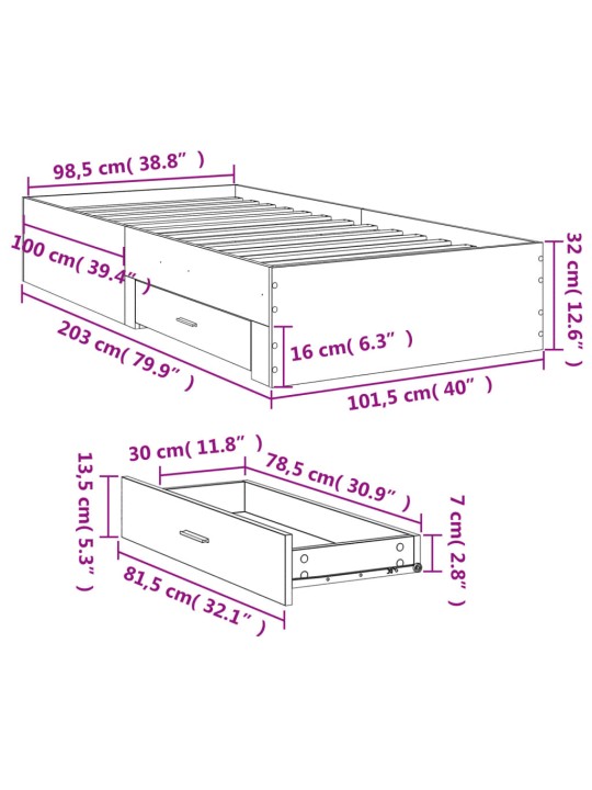 Rám postele se zásuvkami kouřový dub 100 x 200 cm kompozit