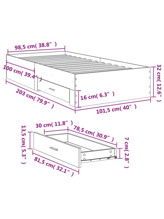 Rám postele se zásuvkami hnědý dub 100x200 cm kompozitní dřevo