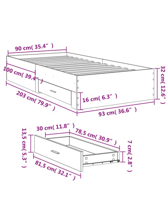 Rám postele se zásuvkami šedý sonoma 90x200 cm kompozitní dřevo