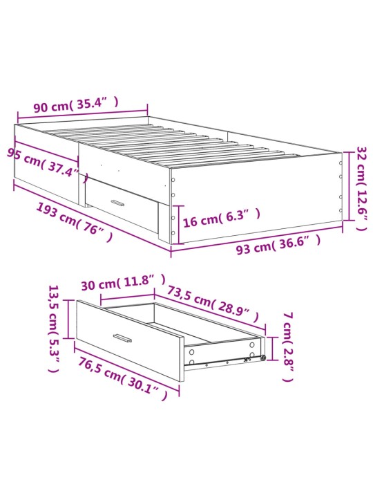 Rám postele se zásuvkami kouřový dub 90x190 cm kompozitní dřevo