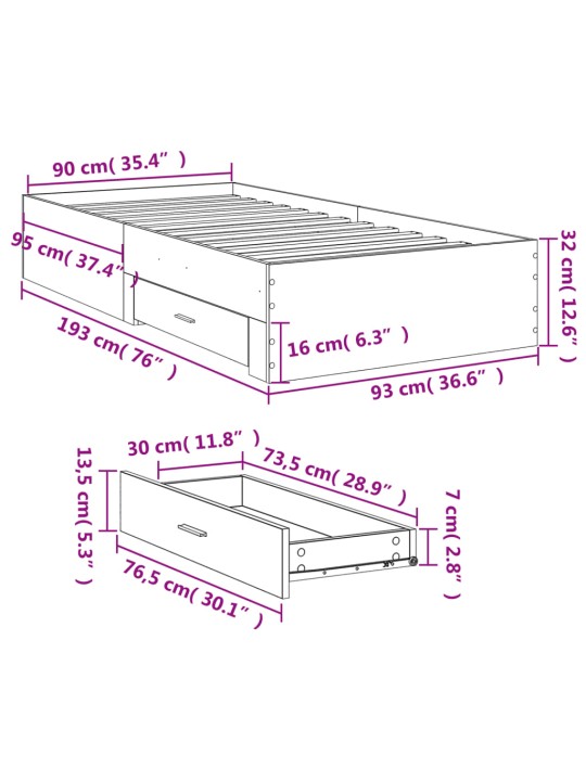 Rám postele se zásuvkami šedý sonoma 90x190 cm kompozitní dřevo