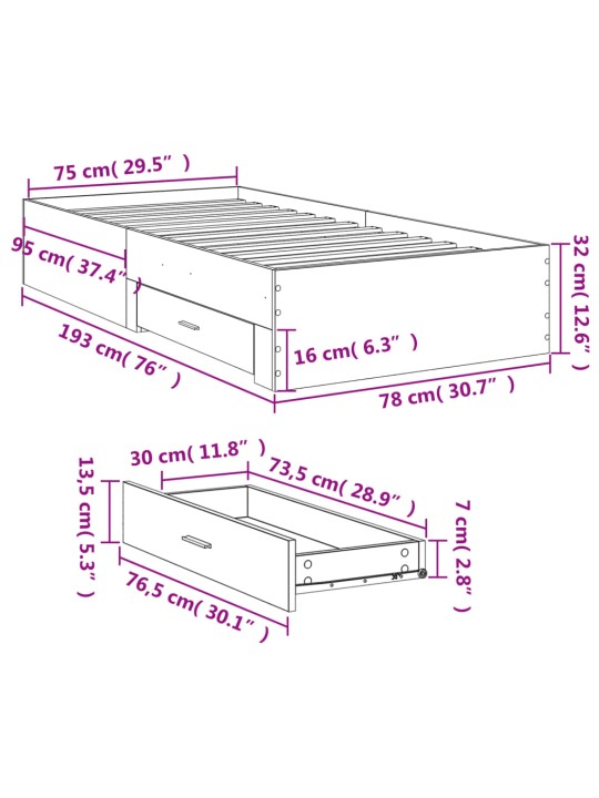 Rám postele se zásuvkami šedý sonoma 75x190 cm kompozitní dřevo