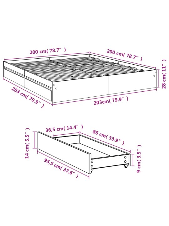 Rám postele se zásuvkami kouřový dub 200 x 200 cm kompozit
