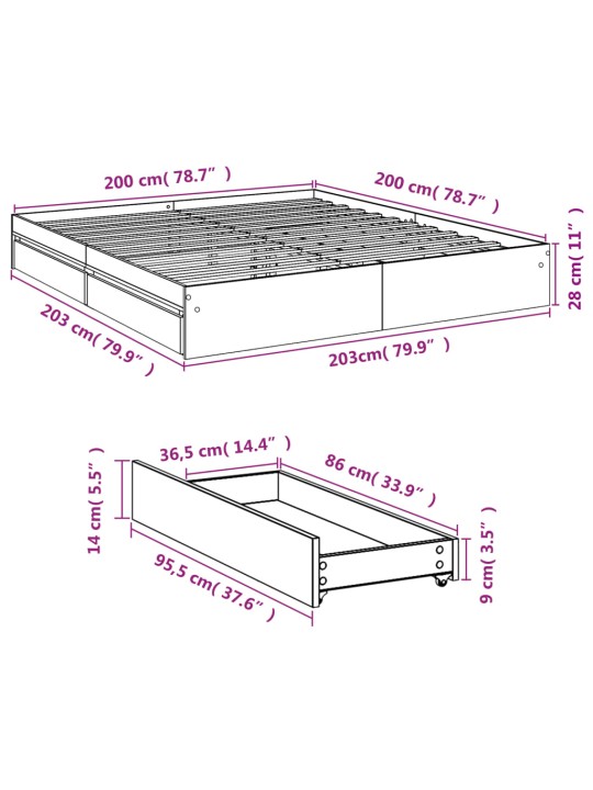Rám postele se zásuvkami šedý sonoma 200 x 200 cm kompozit