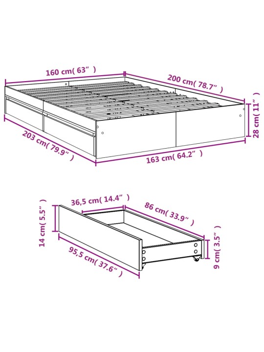 Rám postele se zásuvkami betonově šedý 160 x 200 cm kompozit