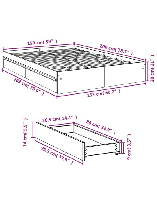Rám postele se zásuvkami kouřový dub 150 x 200 cm kompozit