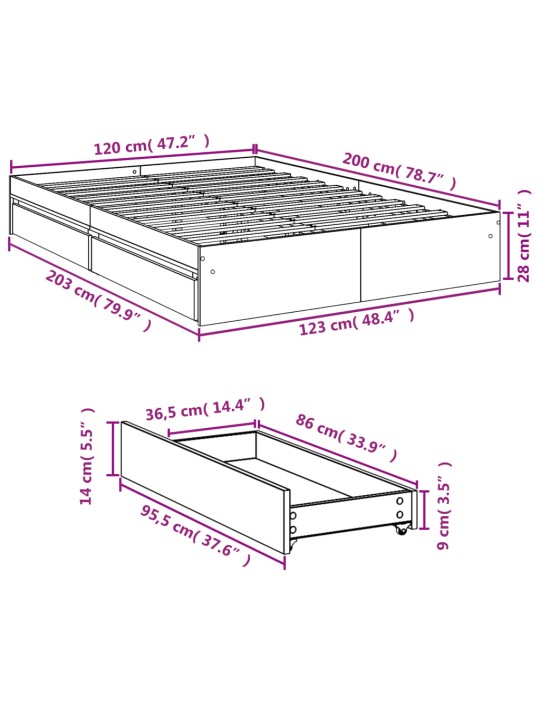 Rám postele se zásuvkami kouřový dub 120 x 200 cm kompozit