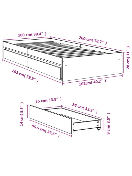 Rám postele se zásuvkami hnědý dub 100x200 cm kompozitní dřevo