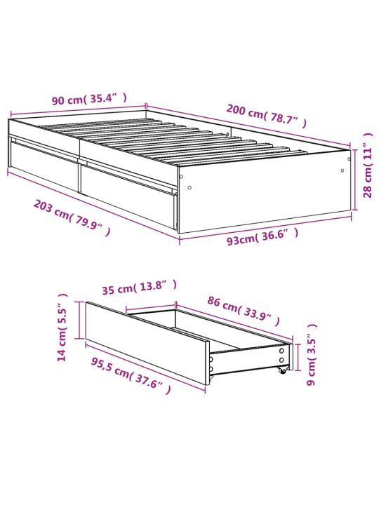 Rám postele se zásuvkami kouřový dub 90x200 cm kompozitní dřevo
