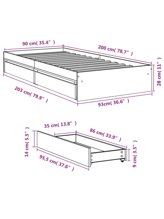 Rám postele se zásuvkami šedý sonoma 90x200 cm kompozitní dřevo