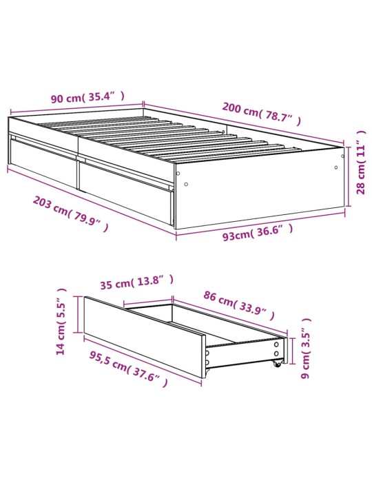 Rám postele se zásuvkami hnědý dub 90x200 cm kompozitní dřevo