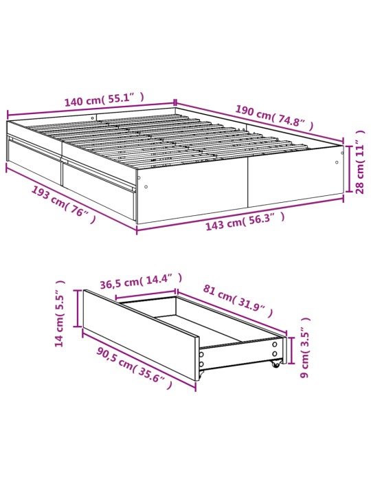 Rám postele se zásuvkami dub sonoma 140x190 cm kompozitní dřevo