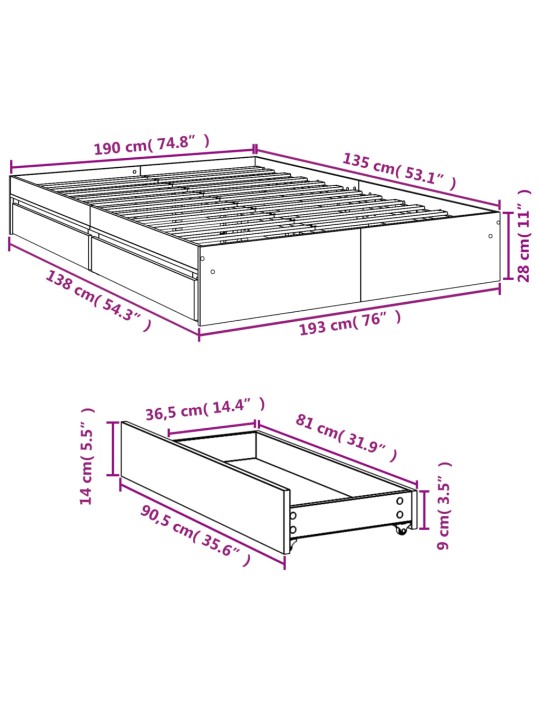 Rám postele se zásuvkami dub sonoma 135x190 cm kompozitní dřevo