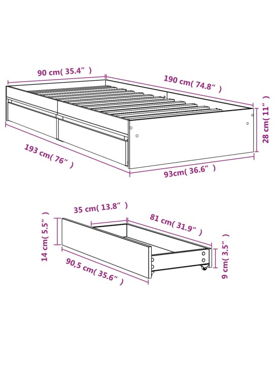Rám postele se zásuvkami dub sonoma 90x190 cm kompozitní dřevo